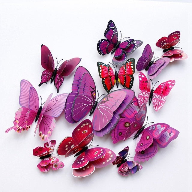 12pcs 3D Butterfly Multicolor Double Layer Wings Wall Sticker