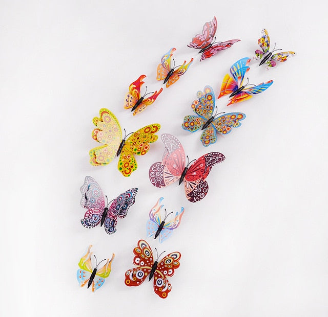 12pcs/set Multicolor Double Layer 3D Butterfly Wall Sticker