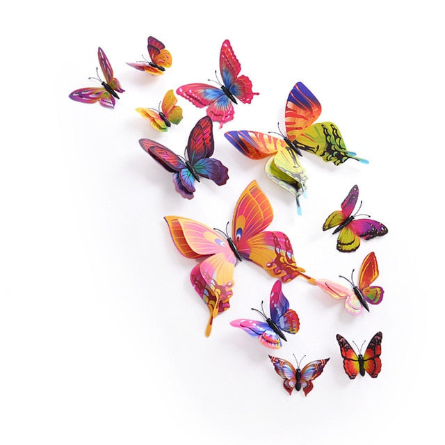 12pcs/set Multicolor Double Layer 3D Butterfly Wall Sticker