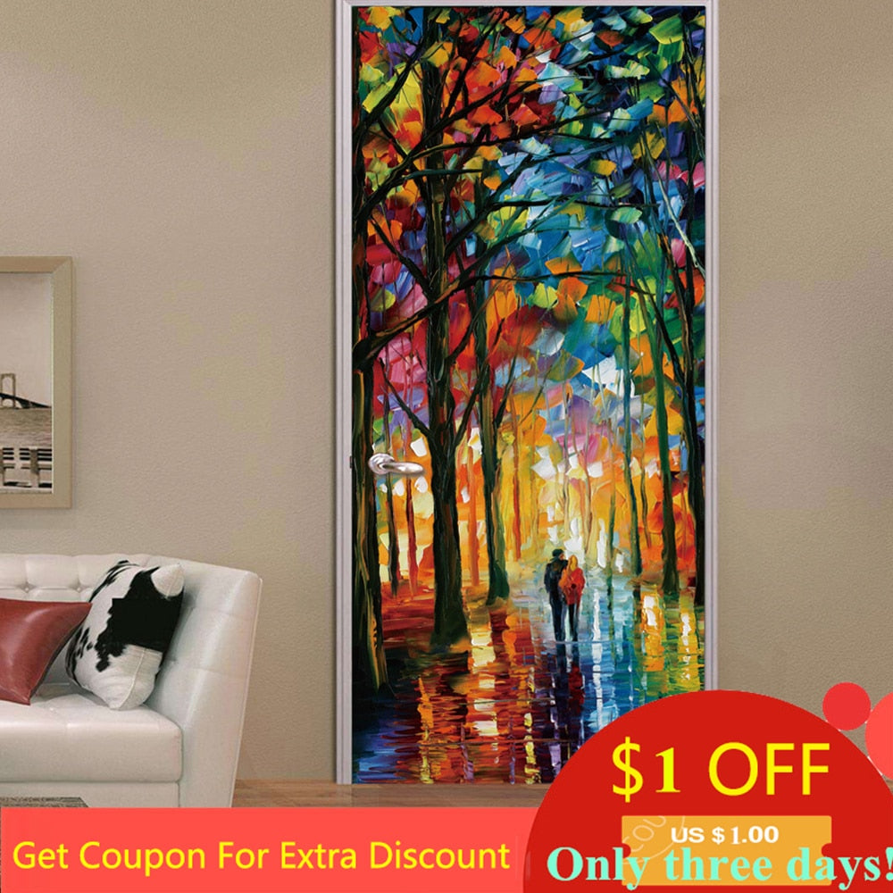 3D Lover In The Colored Woods Oil Painting Door Sticker