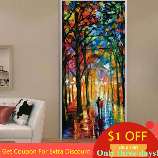 3D Lover In The Colored Woods Oil Painting Door Sticker