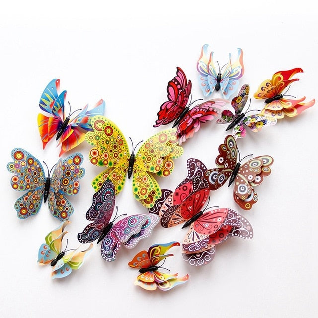 12pcs 3D Butterfly Multicolor Double Layer Wings Wall Sticker