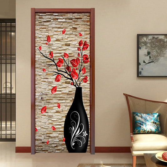 3D Embossed Vase Flowers Door Stickers