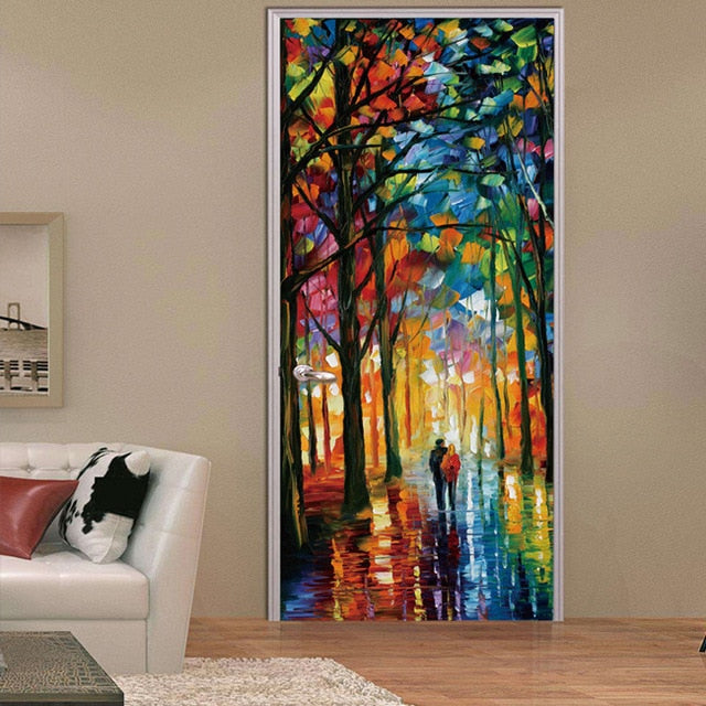 3D Lover In The Colored Woods Oil Painting Door Sticker